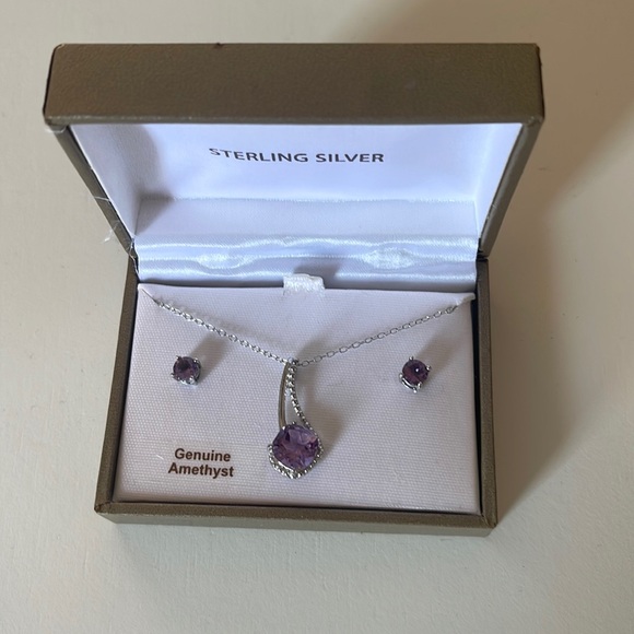 Sterling Silver Amethyst Earrings and Necklace Set - Picture 1 of 3